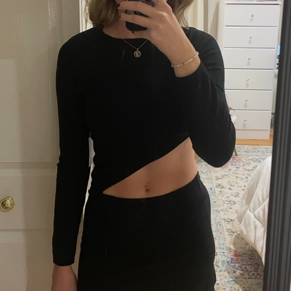 ASTR The Label Black Asymmetrical Long Sleeve Cut Out Bodysuit